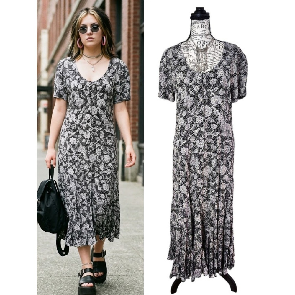 VTG 90s‎ Black Blue Floral Button Front Dress Midi Dress Large Cottage Grunge